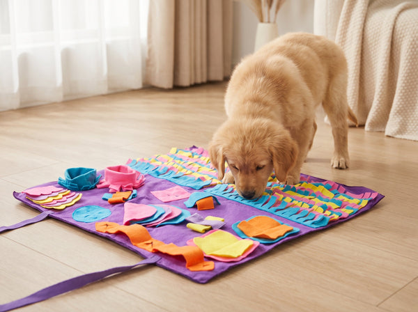 How to use a snuffle mat: large dog snuffle mat with fleece strips, flaps and pockets for hiding kibble