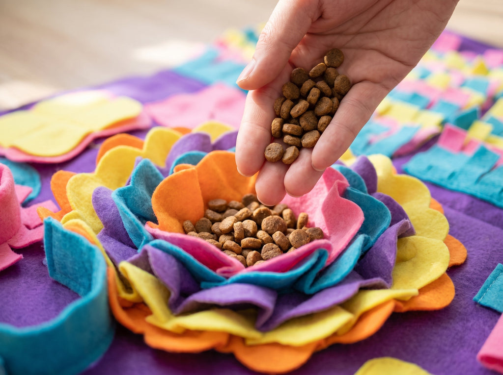 How to fill a snuffle mat with kibble for a slow feeding game