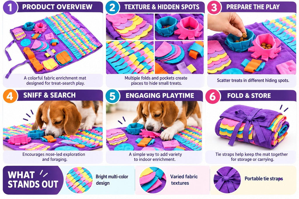 Snuffle mat for dogs infographic – hidden treat pockets, fleece strips, how to use and roll-up tie straps for storage