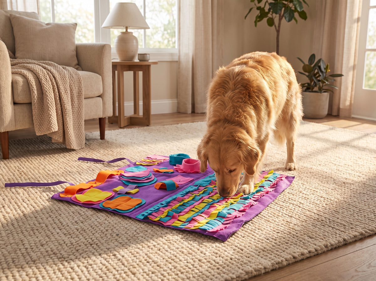 Interactive dog puzzle snuffle mat with flaps and pockets for hiding treats